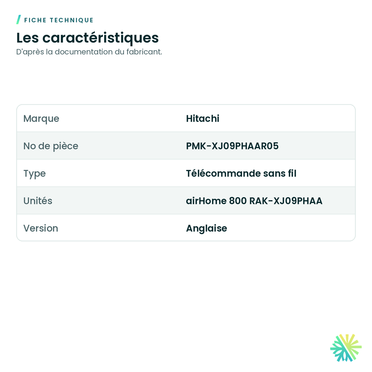 Fiche technique – Télécommande sans fil Hitachi PMK-XJ09PHAAR05 pour airHome 800