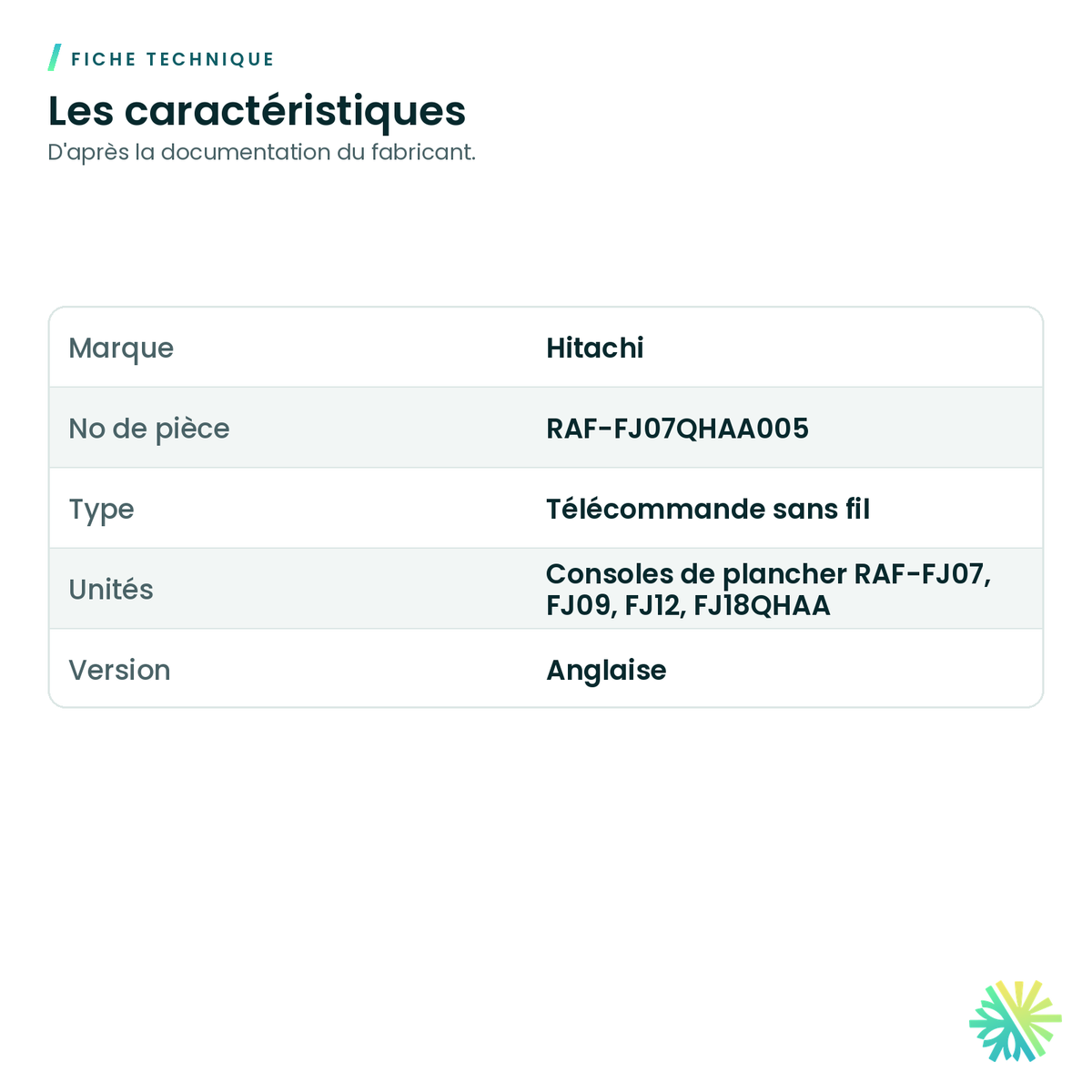 Fiche technique – Télécommande sans fil Hitachi RAF-FJ07QHAA005 pour console de plancher airHome
