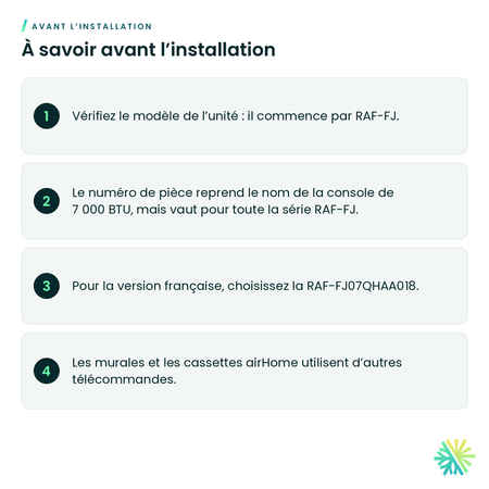 À savoir avant l’installation – Télécommande sans fil Hitachi RAF-FJ07QHAA005 pour console de plancher airHome
