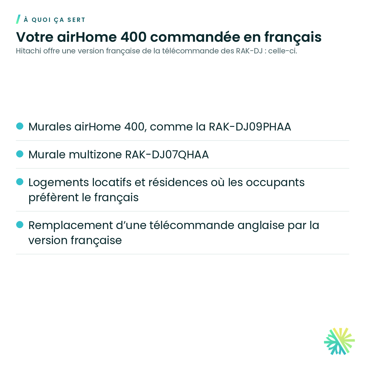 À quoi ça sert – Télécommande sans fil en français Hitachi PMK-DJ09PHAAR95 pour airHome 400