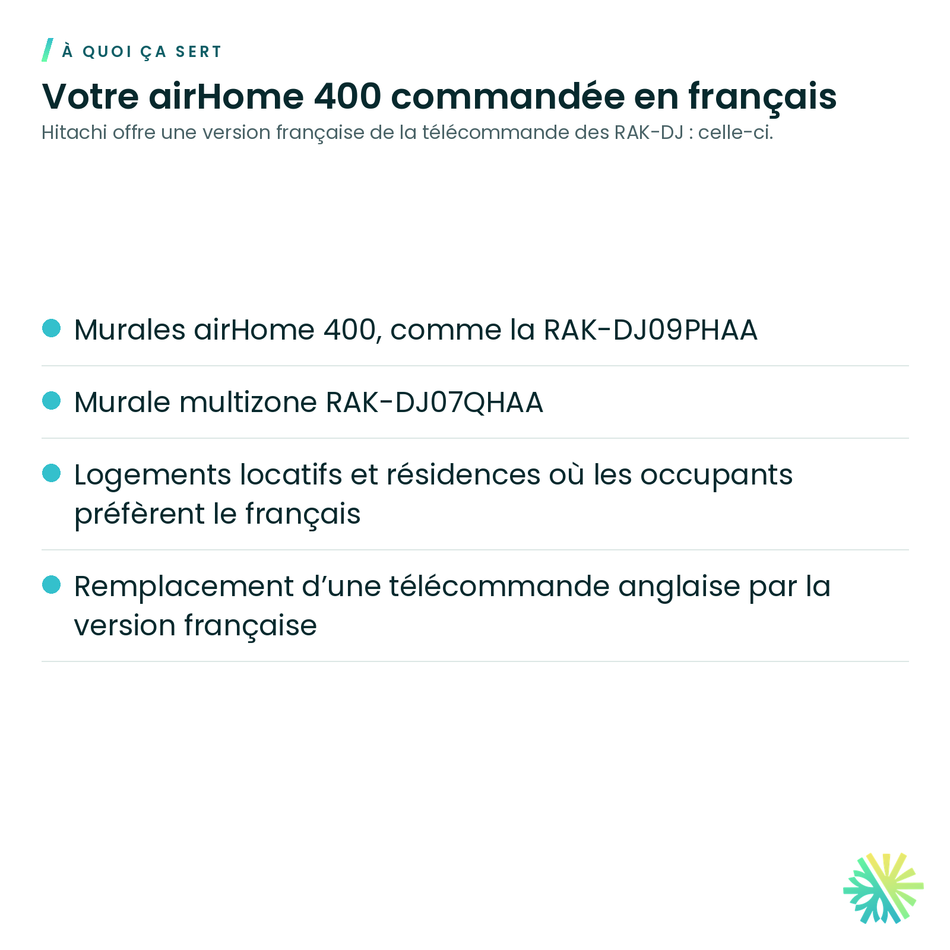 À quoi ça sert – Télécommande sans fil en français Hitachi PMK-DJ09PHAAR95 pour airHome 400