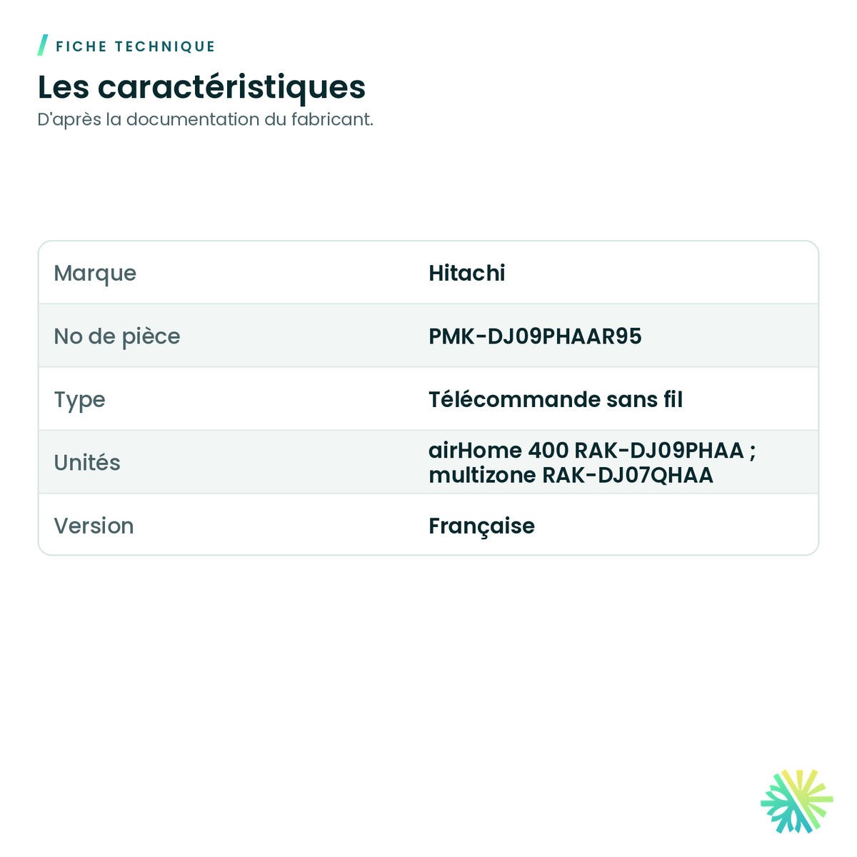 Fiche technique – Télécommande sans fil en français Hitachi PMK-DJ09PHAAR95 pour airHome 400