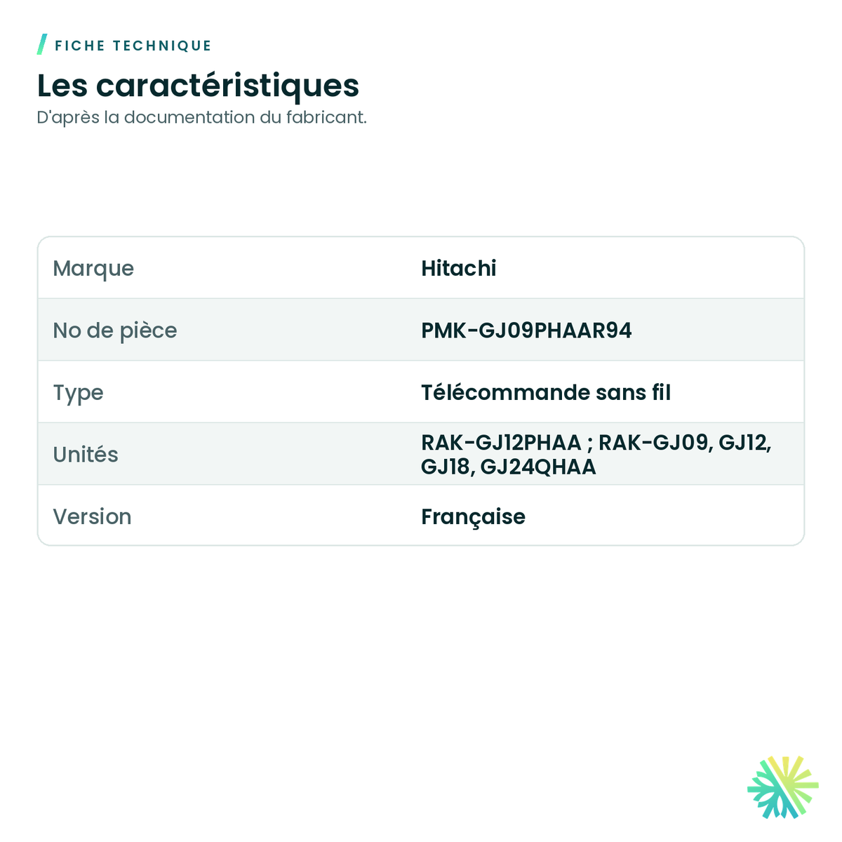 Fiche technique – Télécommande sans fil en français Hitachi PMK-GJ09PHAAR94 pour airHome 600/650