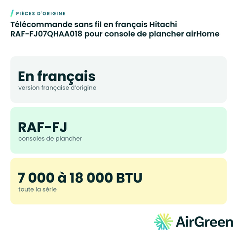 Télécommande sans fil en français Hitachi RAF-FJ07QHAA018 pour console de plancher airHome