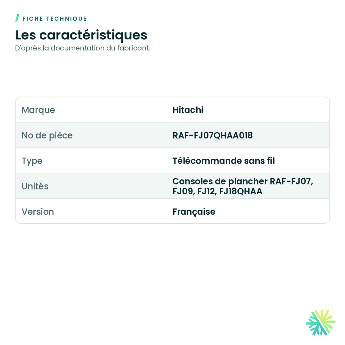 Fiche technique – Télécommande sans fil en français Hitachi RAF-FJ07QHAA018 pour console de plancher airHome