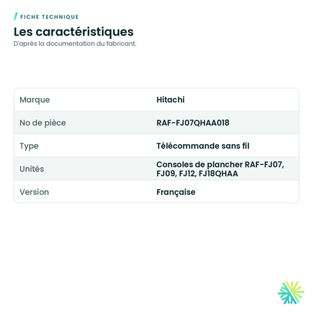 Fiche technique – Télécommande sans fil en français Hitachi RAF-FJ07QHAA018 pour console de plancher airHome