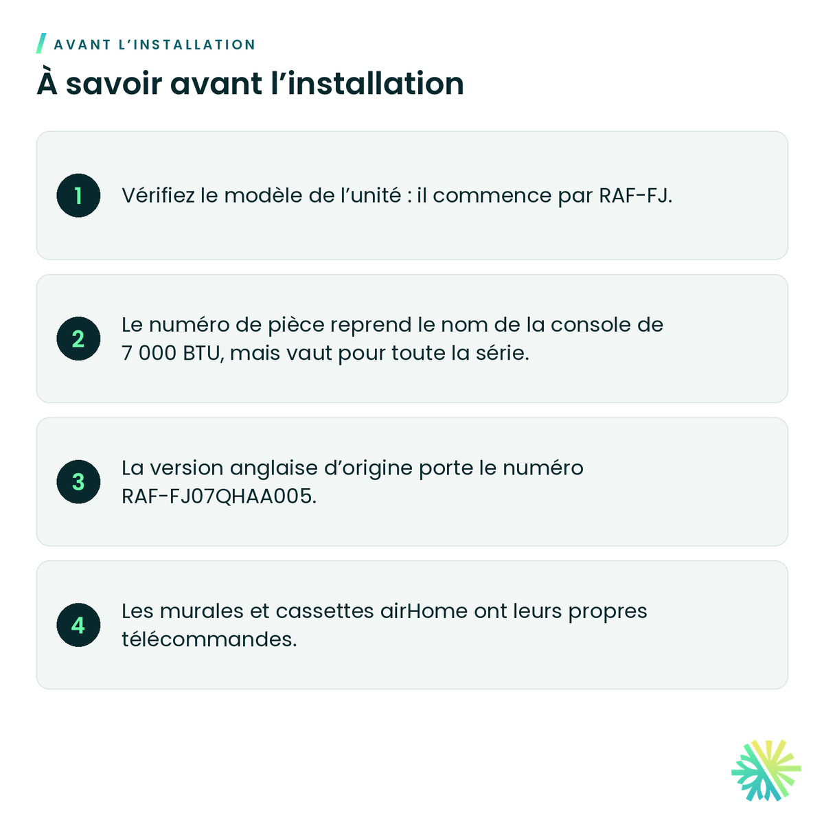 À savoir avant l’installation – Télécommande sans fil en français Hitachi RAF-FJ07QHAA018 pour console de plancher airHome