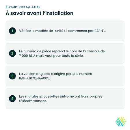 À savoir avant l’installation – Télécommande sans fil en français Hitachi RAF-FJ07QHAA018 pour console de plancher airHome