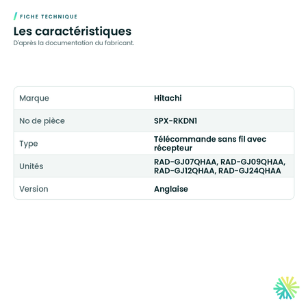 Fiche technique – Télécommande sans fil avec récepteur Hitachi SPX-RKDN1 pour gainable airHome