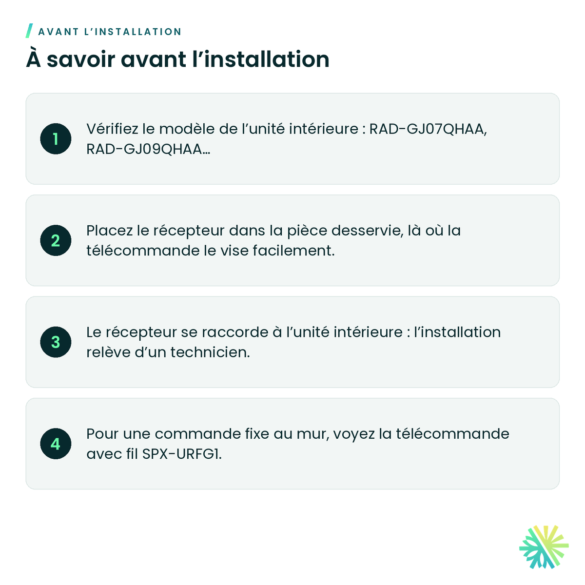 À savoir avant l’installation – Télécommande sans fil avec récepteur Hitachi SPX-RKDN1 pour gainable airHome