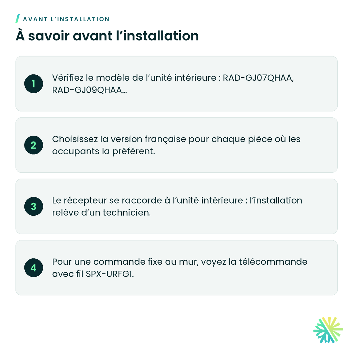 À savoir avant l’installation – Télécommande sans fil avec récepteur en français Hitachi SPX-RKDN3 pour gainable airHome