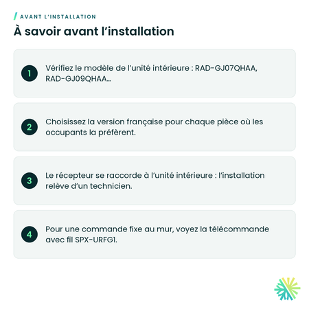 À savoir avant l’installation – Télécommande sans fil avec récepteur en français Hitachi SPX-RKDN3 pour gainable airHome