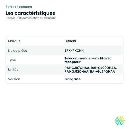 Fiche technique – Télécommande sans fil avec récepteur en français Hitachi SPX-RKCN4 pour mini-cassette airHome