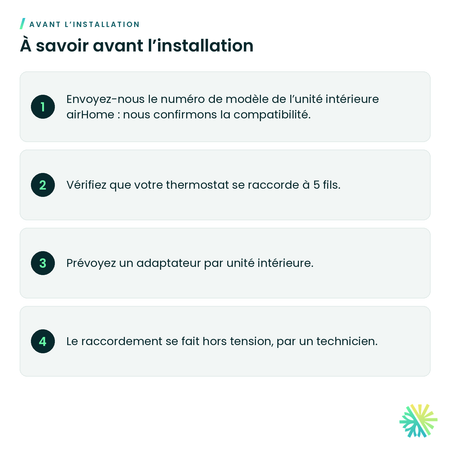 À savoir avant l’installation – Adaptateur 5 fils pour thermostat Hitachi C1STAT01 (airHome)