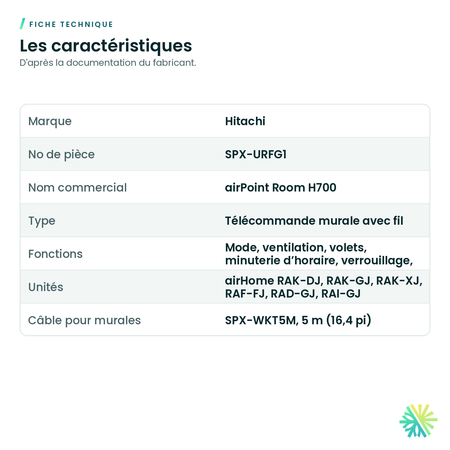 Fiche technique – Télécommande avec fil Hitachi airPoint Room H700 SPX-URFG1 pour airHome