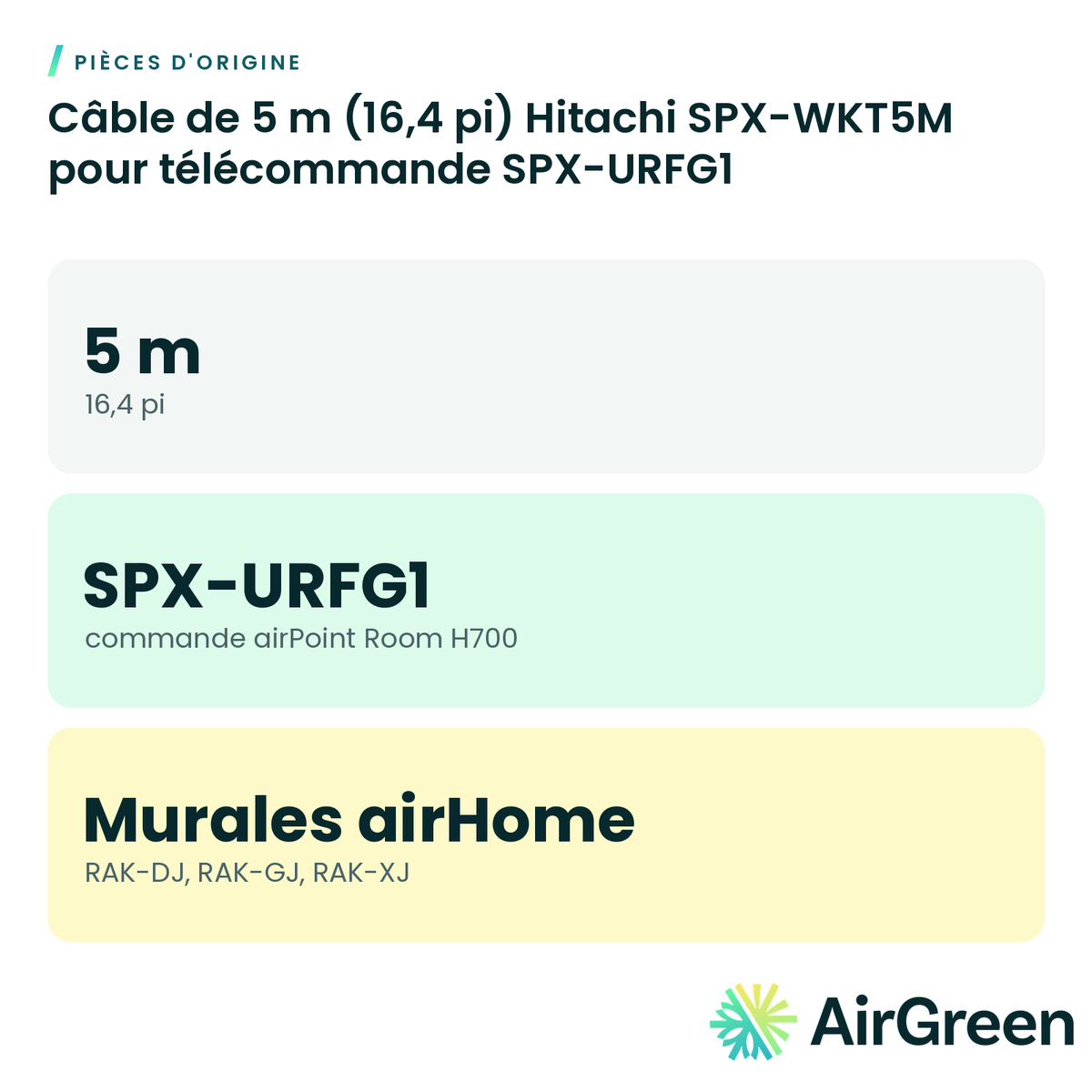 Câble de 5 m (16,4 pi) Hitachi SPX-WKT5M pour télécommande SPX-URFG1
