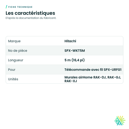 Fiche technique – Câble de 5 m (16,4 pi) Hitachi SPX-WKT5M pour télécommande SPX-URFG1