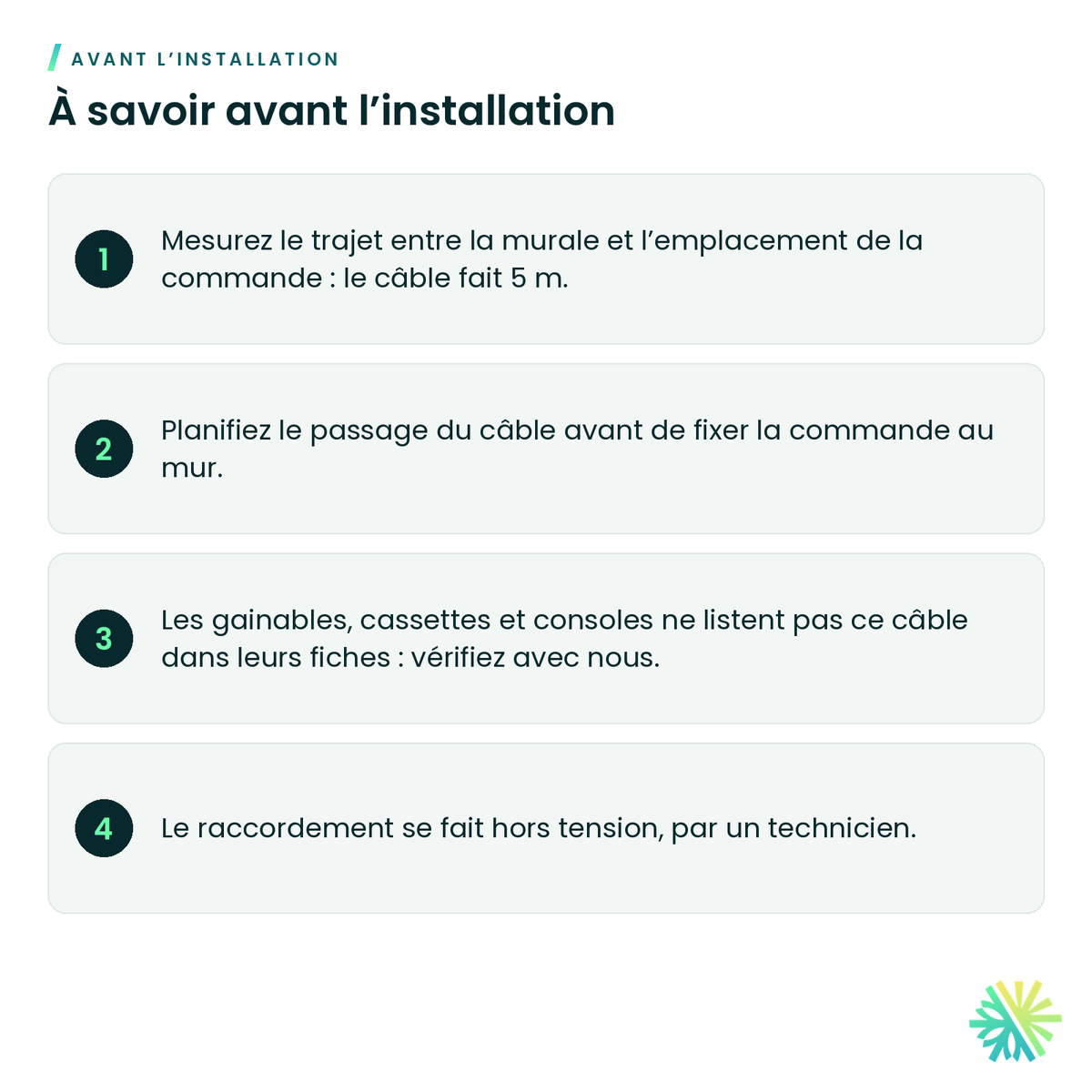 À savoir avant l’installation – Câble de 5 m (16,4 pi) Hitachi SPX-WKT5M pour télécommande SPX-URFG1