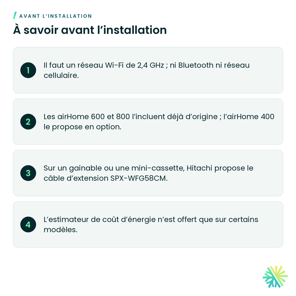 À savoir avant l’installation – Adaptateur Wi-Fi airCloud Go Hitachi – SPX-WFA01
