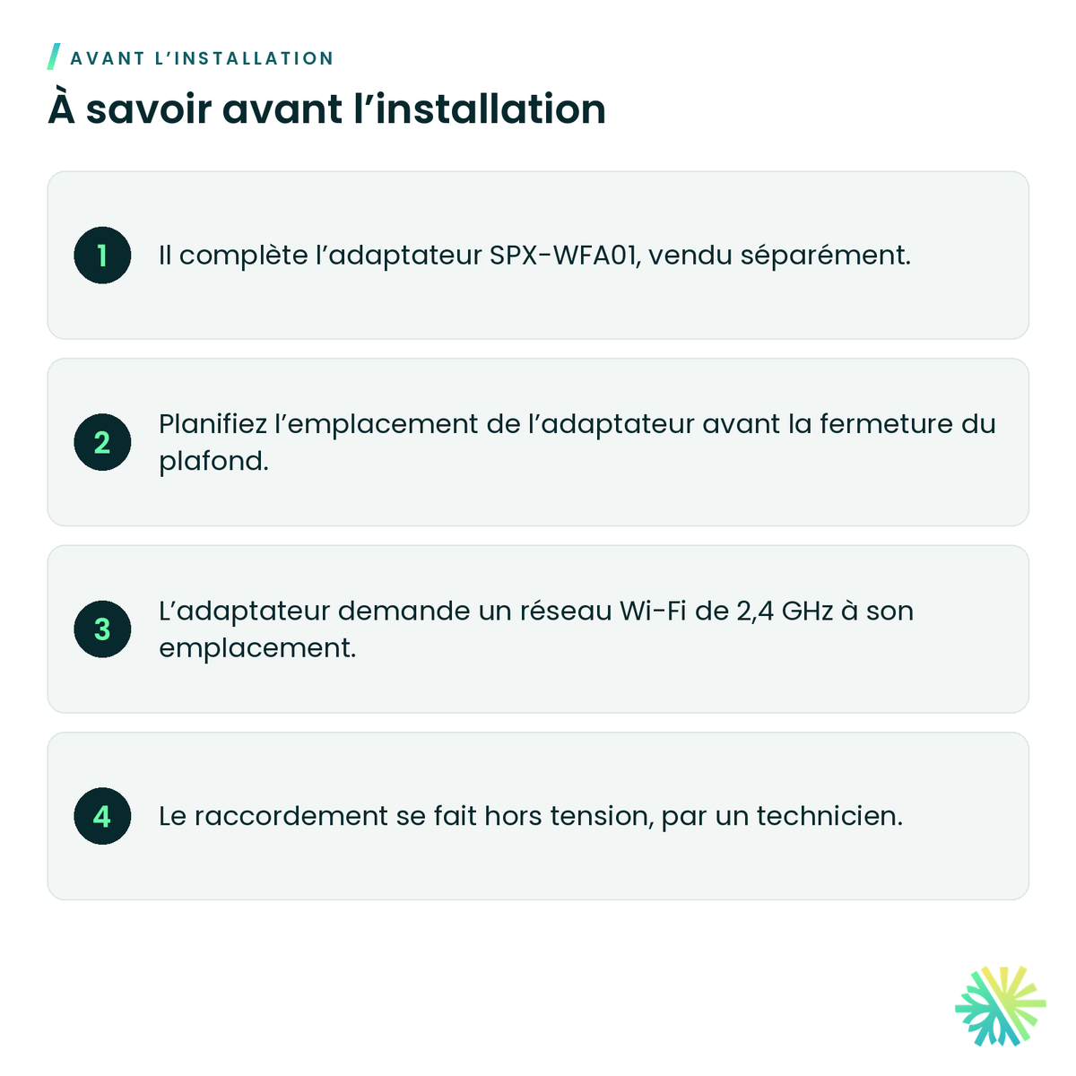 À savoir avant l’installation – Câble d’extension Hitachi SPX-WFG58CM pour adaptateur Wi-Fi