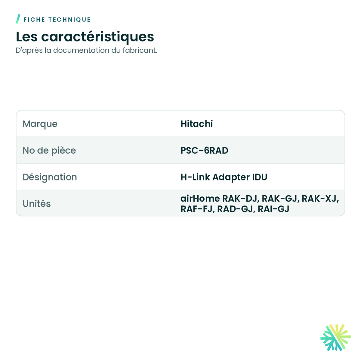 Fiche technique – Adaptateur H-Link Hitachi PSC-6RAD pour unité intérieure airHome