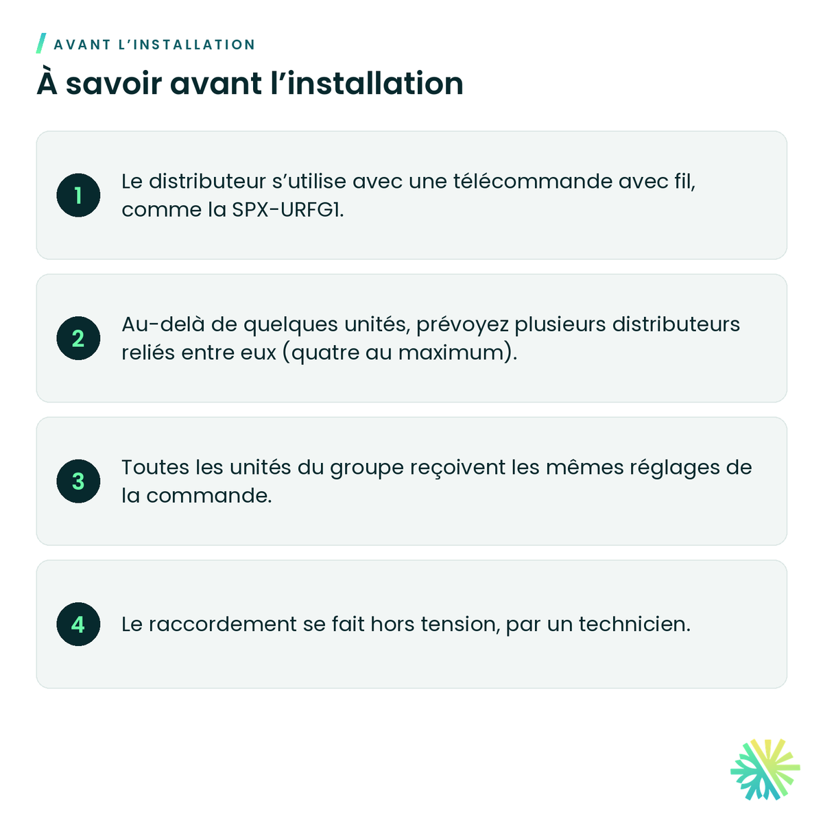 À savoir avant l’installation – Distributeur de commande de groupe Hitachi SPX-DST1 pour airHome