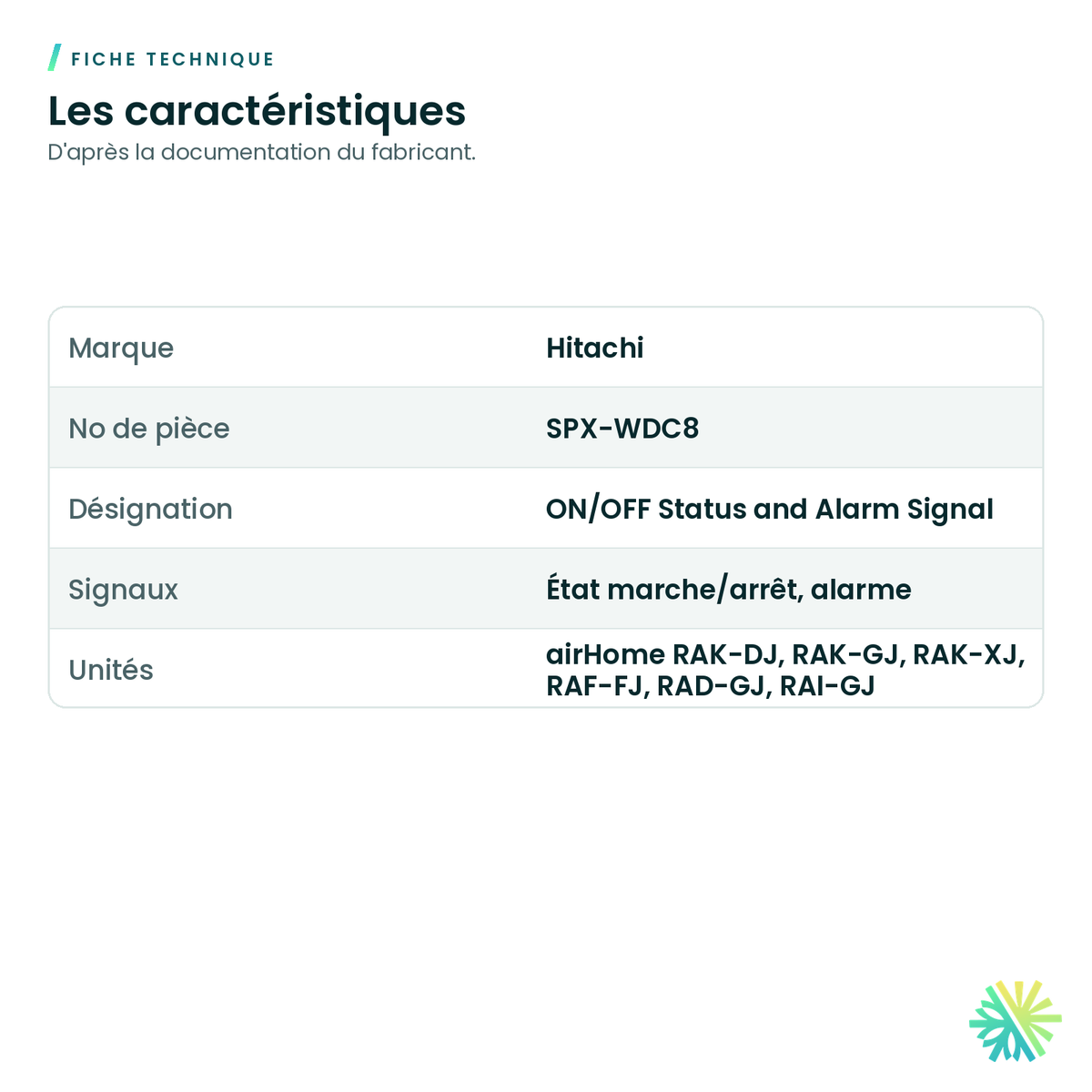 Fiche technique – Cordon de signal marche/arrêt et alarme Hitachi SPX-WDC8 pour airHome