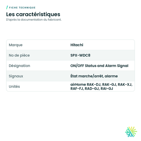 Fiche technique – Cordon de signal marche/arrêt et alarme Hitachi SPX-WDC8 pour airHome