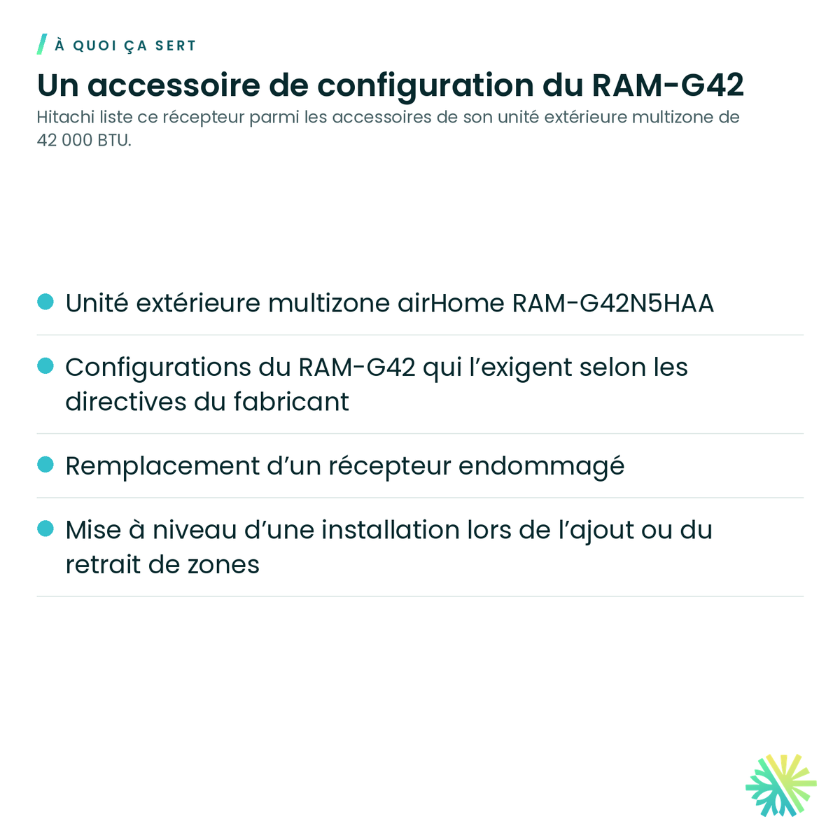 À quoi ça sert – Récepteur de condenseur Hitachi HWRAM-S42U5HLAEA23 pour multizone RAM-G42