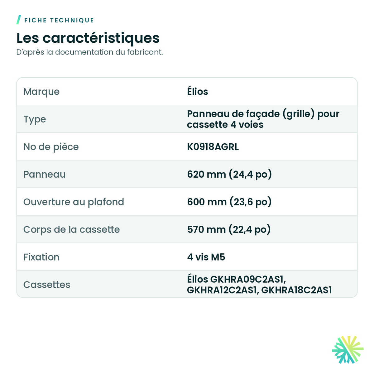 Fiche technique – Grille cassette compacte GKHRA 9-18 Élios – K0918AGRL