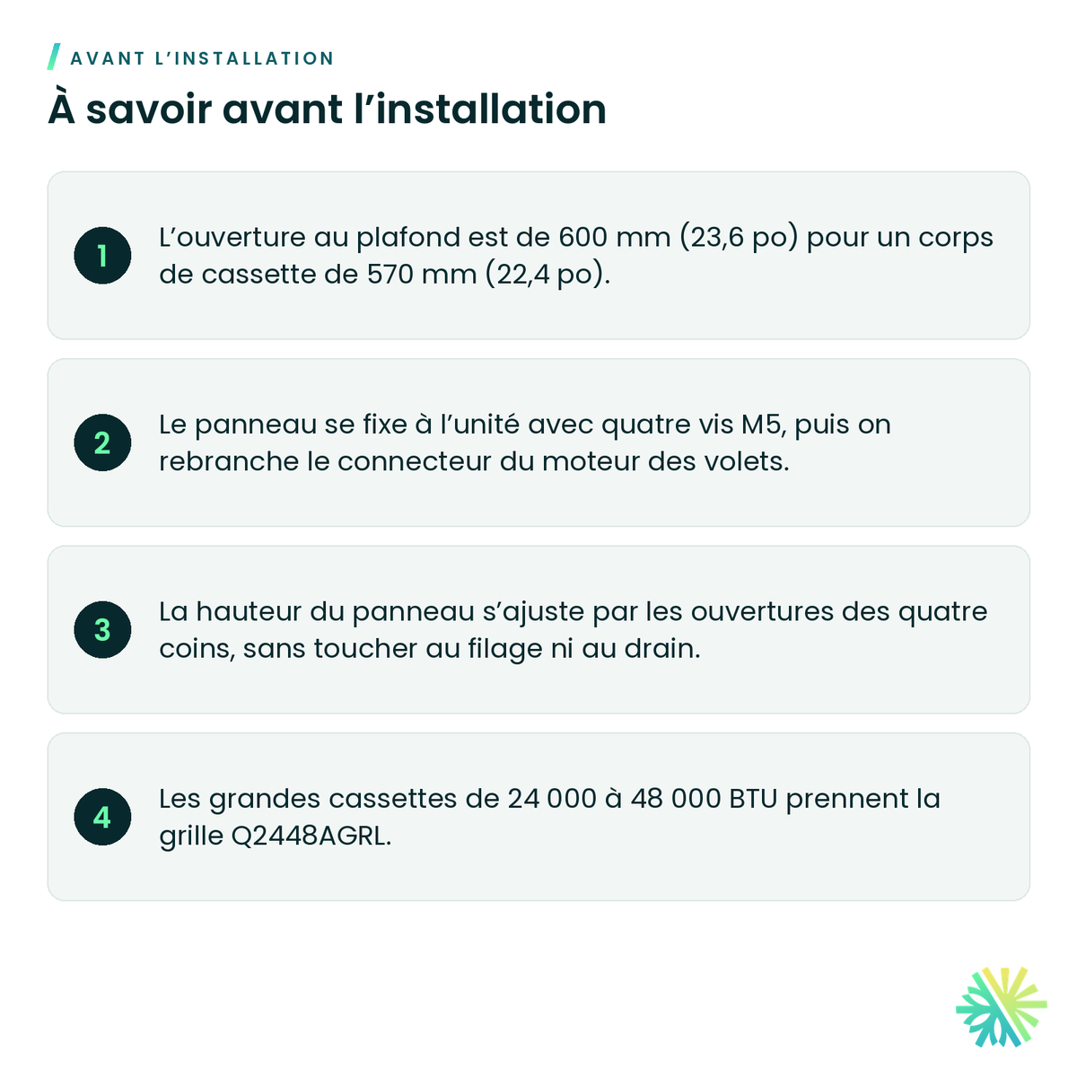 À savoir avant l’installation – Grille cassette compacte GKHRA 9-18 Élios – K0918AGRL