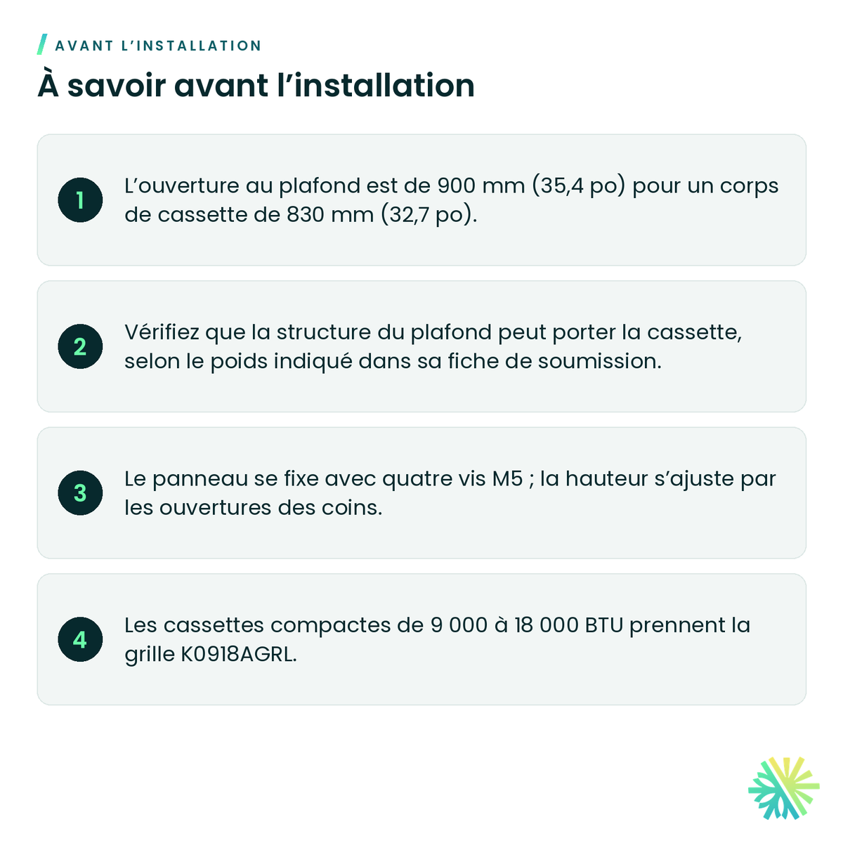 À savoir avant l’installation – Grille cassette large 4 voies 24-48 Élios – Q2448AGRL