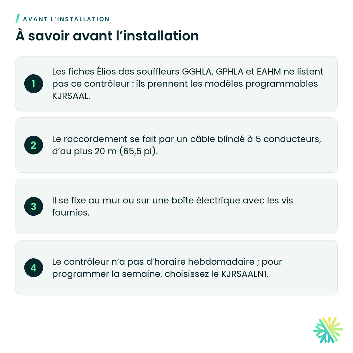 À savoir avant l’installation – Contrôleur câblé simple Élios – KJRLAACN1