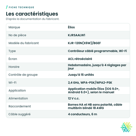 Fiche technique – Contrôleur câblé programmable Wi-Fi Élios – KJRSAALW1