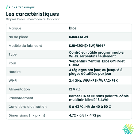 Fiche technique – Contrôleur câblé programmable Wi-Fi (serpentins seulement) Élios – KJRKAALW1