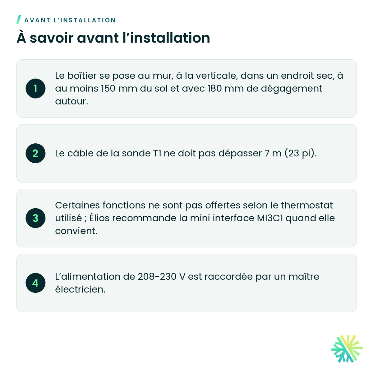 À savoir avant l’installation – Grande interface 24 V Élios – LI2C1