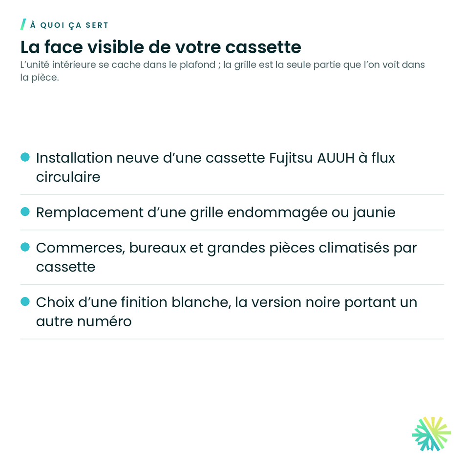 À quoi ça sert – Grille pour cassette à flux circulaire AUUH Fujitsu – UTG-LCGVCW (blanche)