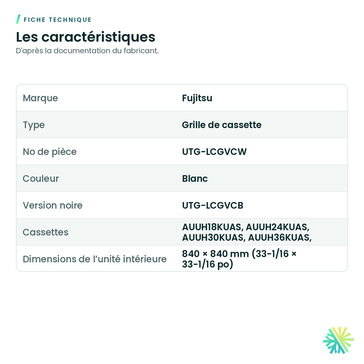Fiche technique – Grille pour cassette à flux circulaire AUUH Fujitsu – UTG-LCGVCW (blanche)