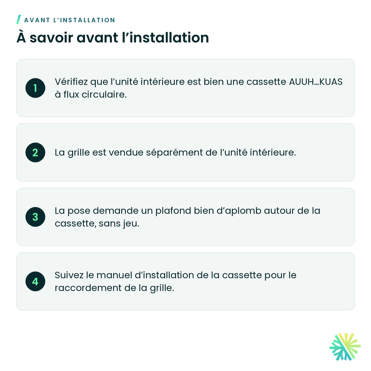 À savoir avant l’installation – Grille pour cassette à flux circulaire AUUH Fujitsu – UTG-LCGVCW (blanche)
