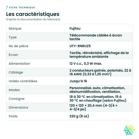 Fiche technique – Télécommande câblée à écran tactile Fujitsu – UTY-RNRUZ5