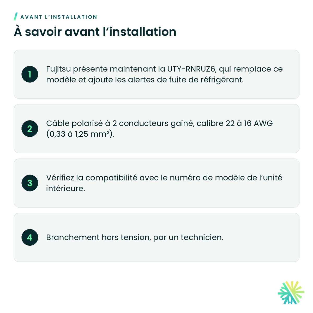 À savoir avant l’installation – Télécommande câblée à écran tactile Fujitsu – UTY-RNRUZ5