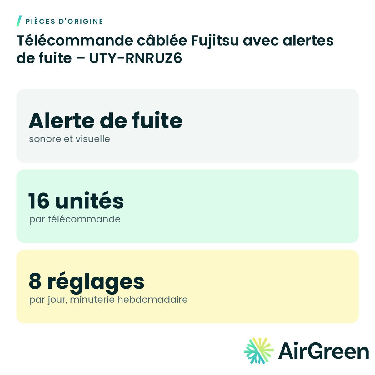 Télécommande câblée Fujitsu avec alertes de fuite – UTY-RNRUZ6