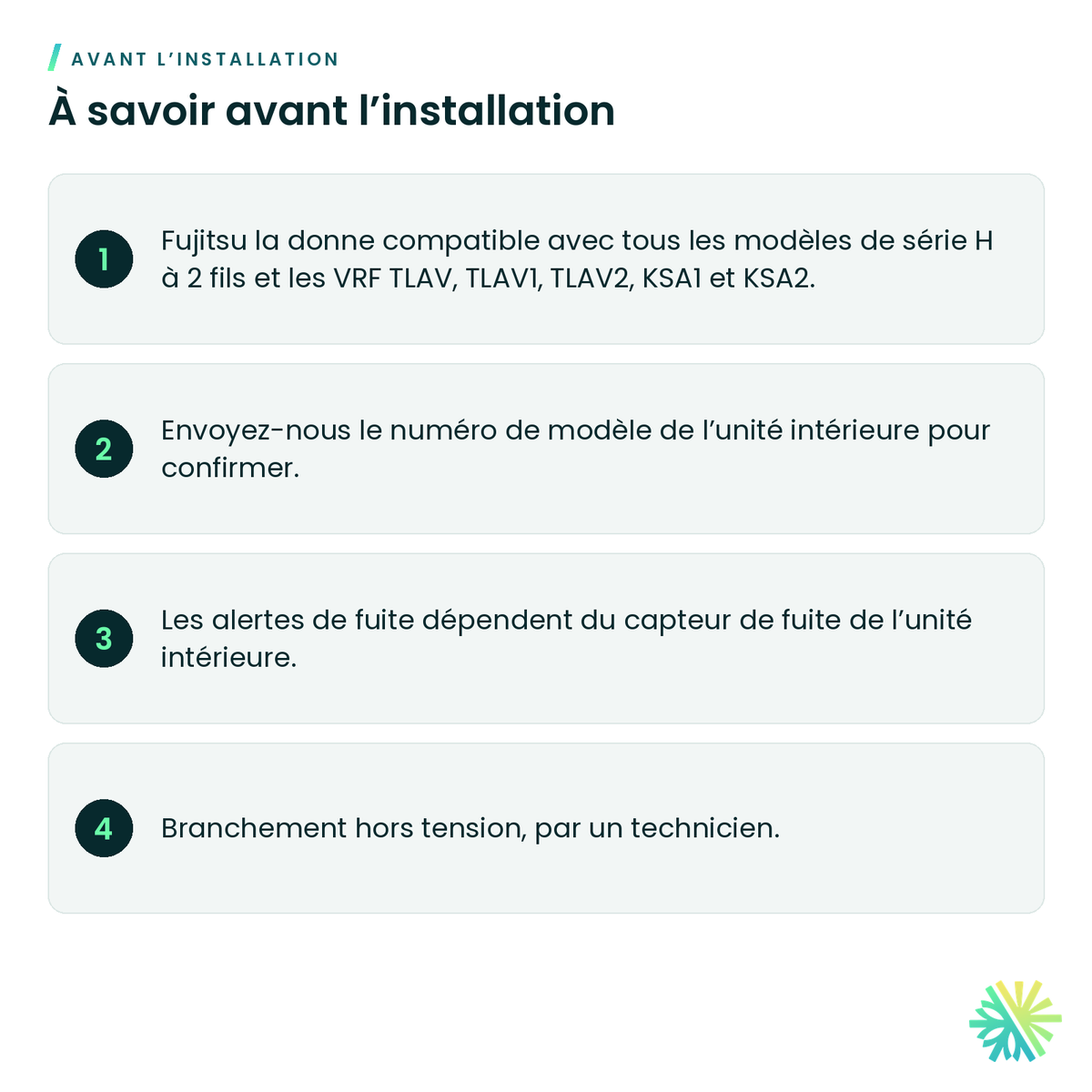 À savoir avant l’installation – Télécommande câblée Fujitsu avec alertes de fuite – UTY-RNRUZ6