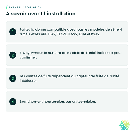 À savoir avant l’installation – Télécommande câblée Fujitsu avec alertes de fuite – UTY-RNRUZ6
