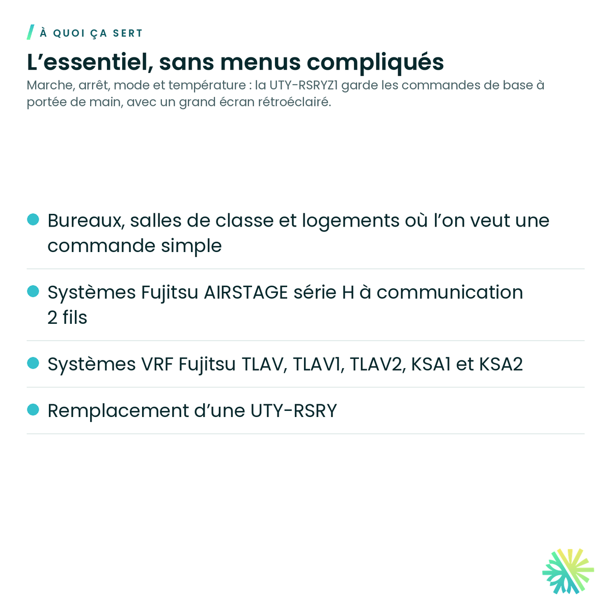 À quoi ça sert – Télécommande câblée simple Fujitsu avec alertes de fuite – UTY-RSRYZ1