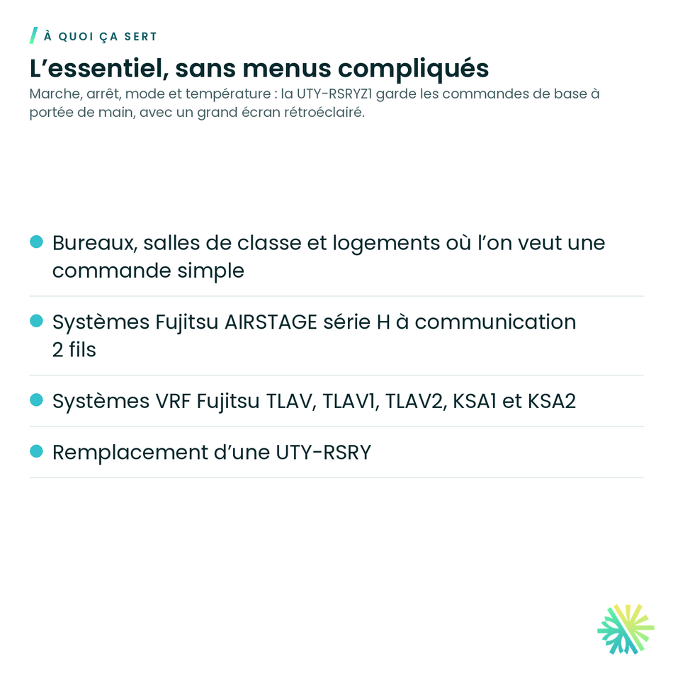 À quoi ça sert – Télécommande câblée simple Fujitsu avec alertes de fuite – UTY-RSRYZ1