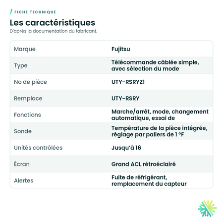 Fiche technique – Télécommande câblée simple Fujitsu avec alertes de fuite – UTY-RSRYZ1