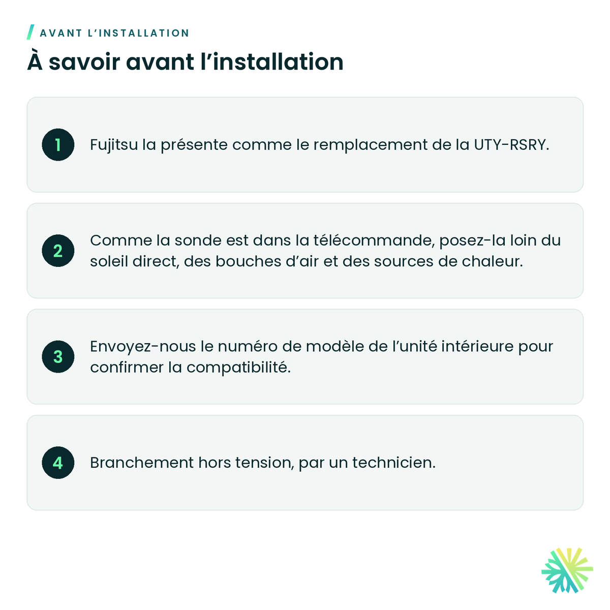 À savoir avant l’installation – Télécommande câblée simple Fujitsu avec alertes de fuite – UTY-RSRYZ1