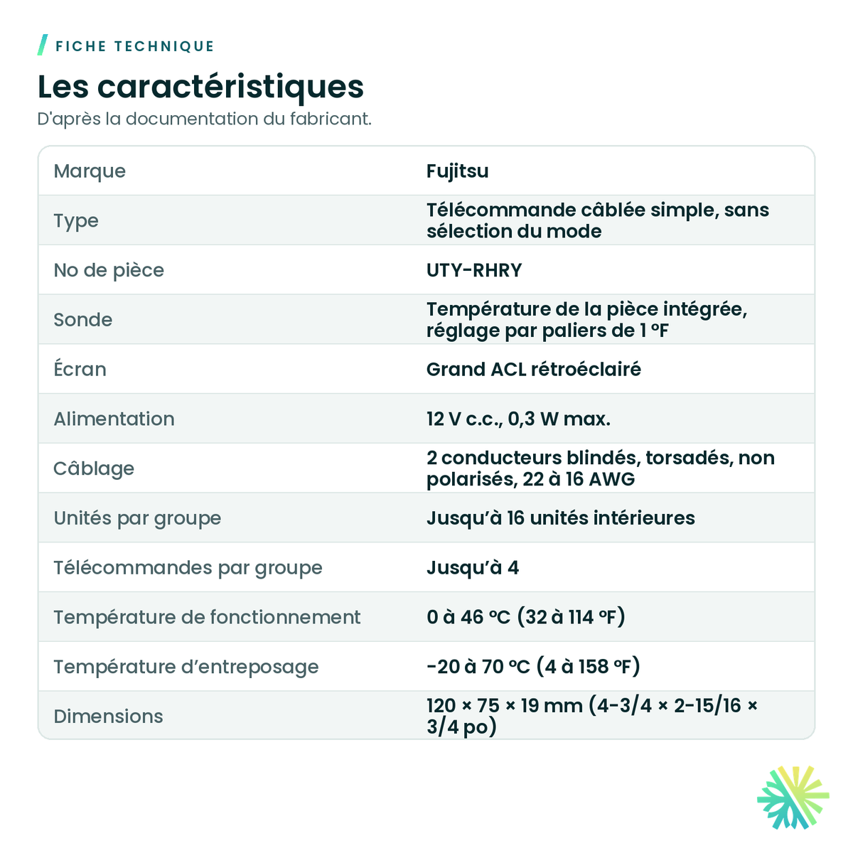 Fiche technique – Télécommande simple 2 fils sans sélection du mode Fujitsu – UTY-RHRY