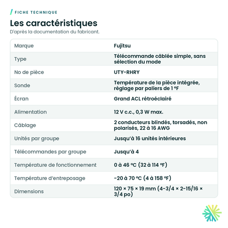 Fiche technique – Télécommande simple 2 fils sans sélection du mode Fujitsu – UTY-RHRY